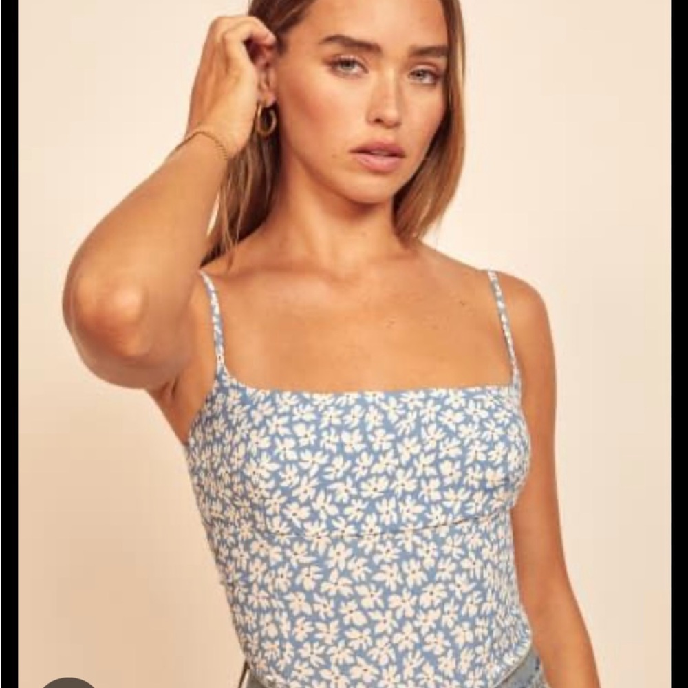 The Reformation Grace top in Blue Hawaii